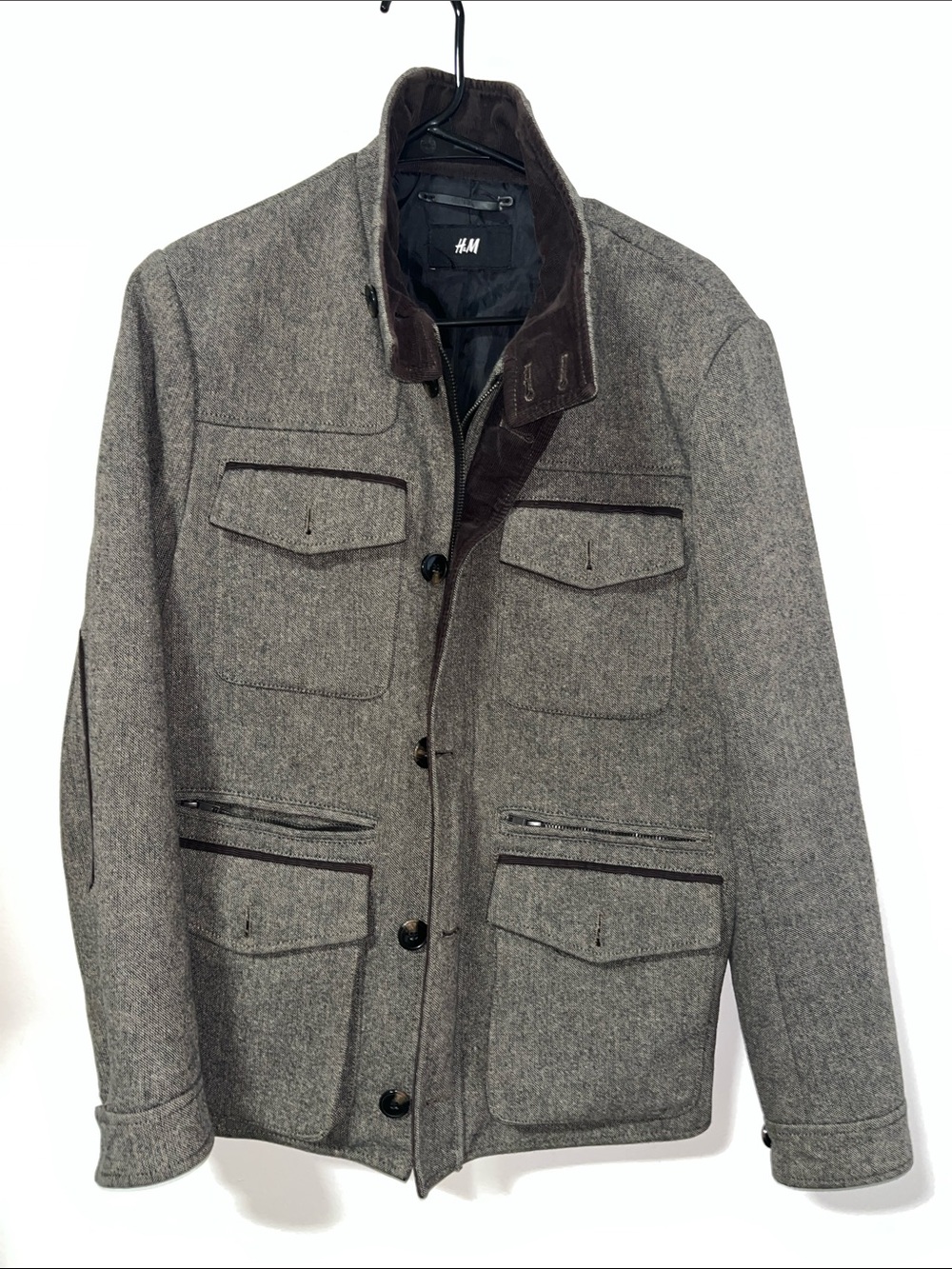 H&M Men's Gray Field Jacket with Contrast Corduroy Collar